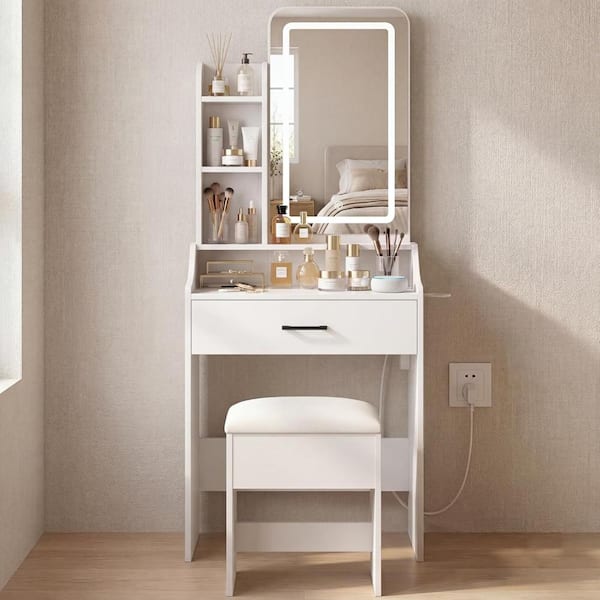 1-Drawer White Makeup Vanity Table Set with Stool, Wood Vanity Dressing with Lighting Mirror & Storage Shelves