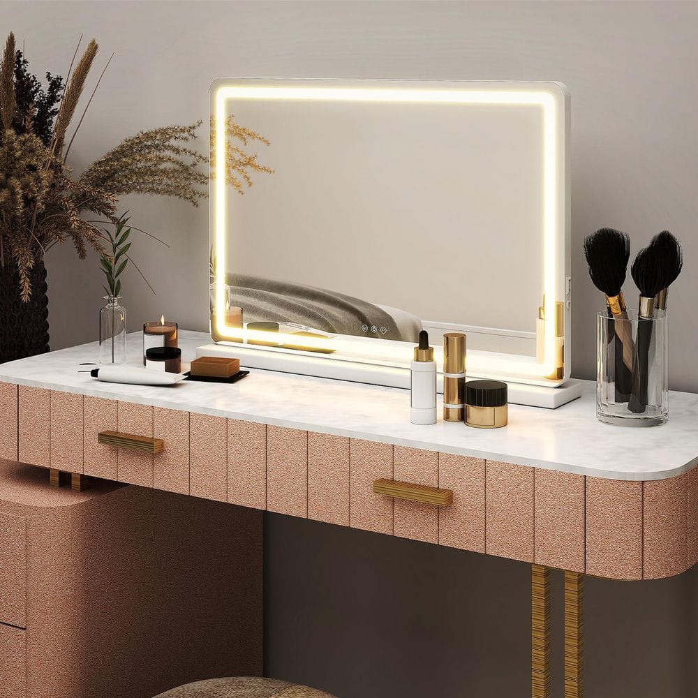 Relyblo 19 in. W x 22 in. H Rectangular Frameless Tabletop Bathroom Vanity Mirror in White with LED Lights YK-U1922-WT
