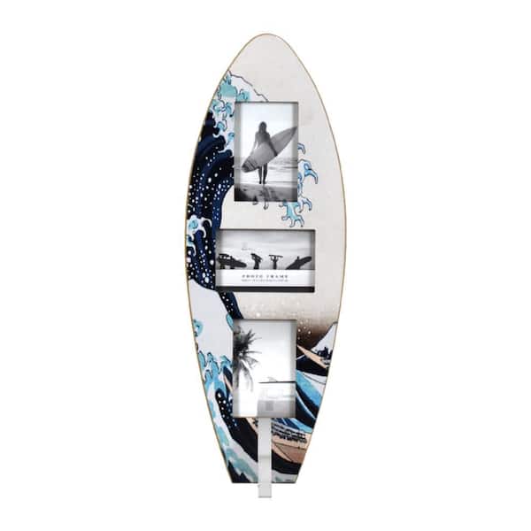 Surfboard Photo Collage 25 in. x 9 in. Navy/Blue/Off White Great Wave Off Kanagawa by Hokusai MDF Wall Art