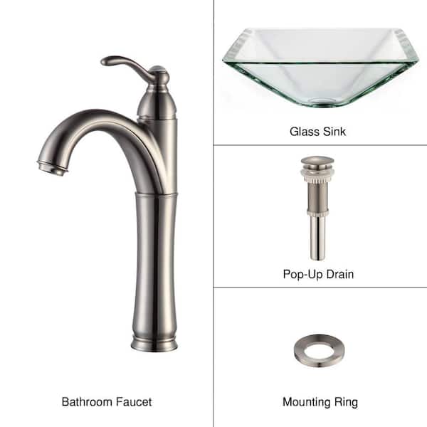 KRAUS Square Glass Vessel Sink in Clear with Riviera Faucet in Satin Nickel