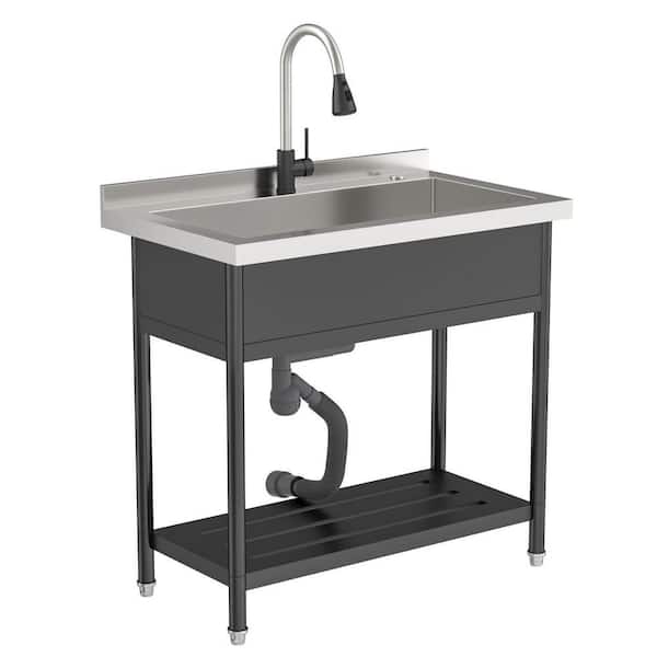 36 in. Black Freestanding Stainless Steel 1-Commercial Utility Sink with Pull-Down Faucet for Laundry Room