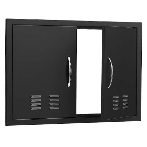 Double Outdoor Kitchen Door 30 in. W x 21 in. H BBQ Access Door Cold Plate Flush Mount Door with Handles & Vents, Black