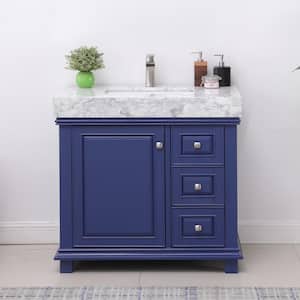 Jardin 36 in. Bath Vanity in Jewelry Blue with Carrara Marble Vanity Top in White with White Basin
