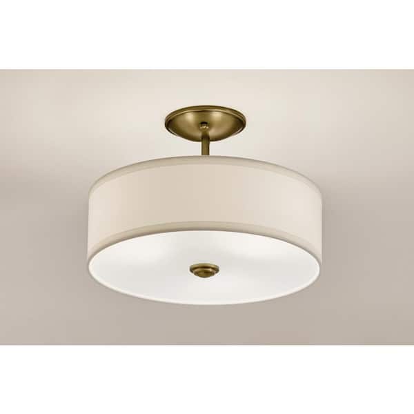 KICHLER Shailene 14 in. 3-Light Natural Brass Round Hallway Transitional Semi-Flush Mount Ceiling Light with Microfiber Shade