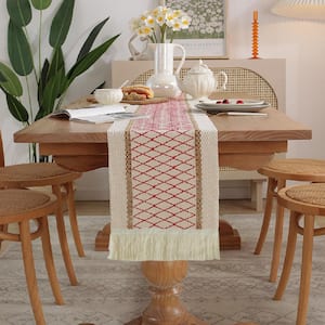 12 in. x 108 in. Red grid Natural Burlap Table Runner simple and warm suitable for large groups (Set of 1)