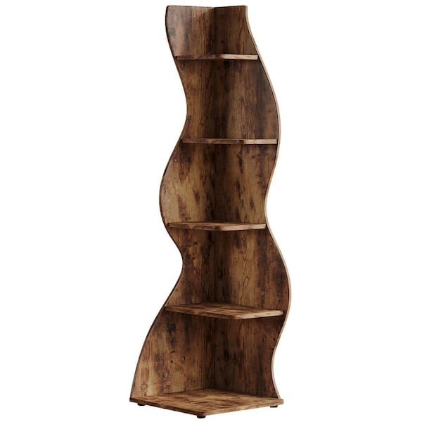 Eulas 69.8 in. Tall Rustic Brown Wood 5-Shelf Standard Bookcase Corner Bookshelf with Storage Shelf and Curvy Shape