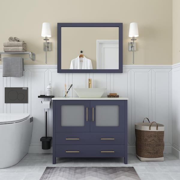 Vanity Art Ravenna 36 in. W Single Basin Bathroom Vanity in Blue with White Engineered Marble Top and Mirror