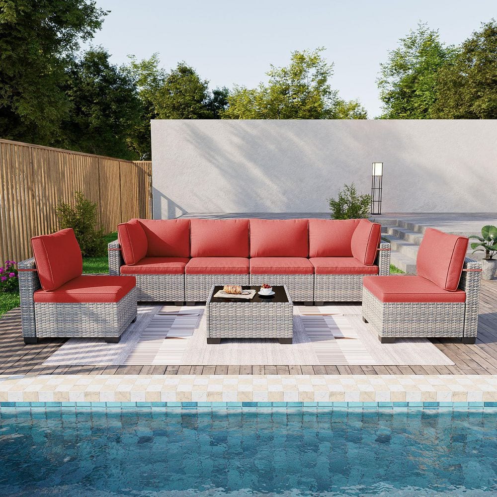 7-Piece Wicker Outdoor Sectional Set Sofa Couch with Red Cushions price history on PriceWatchPro