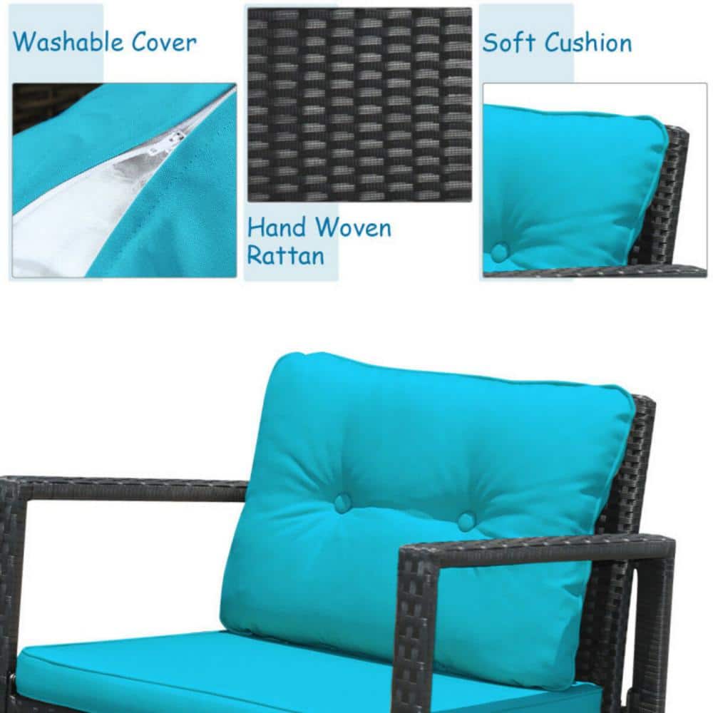 Blue Cushioned Wicker Rocking Chair Set with Glass Table
