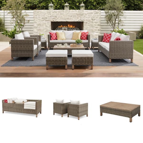 9-Piece Wicker Patio Conversation Set with Beige Cushions