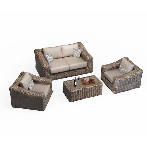 Kinger Home Hawaii 4-Piece Vintage Rattan Wicker Deep Seating Patio Conversation Set With Ivory Cushions