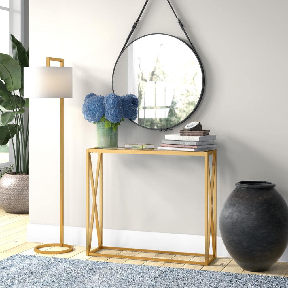 Brass and Glass X-Base Hallway Table with Storage