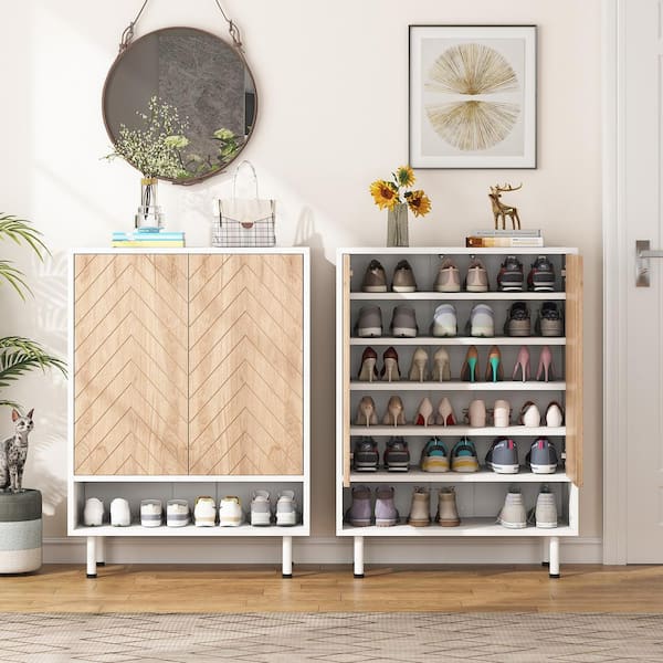 BYBLIGHT Lauren White Shoe Cabinet, 18 Pair Rack Organizer Cabinet with Door, 6-Tier Modern Storage Shelves for Entryway Hallway