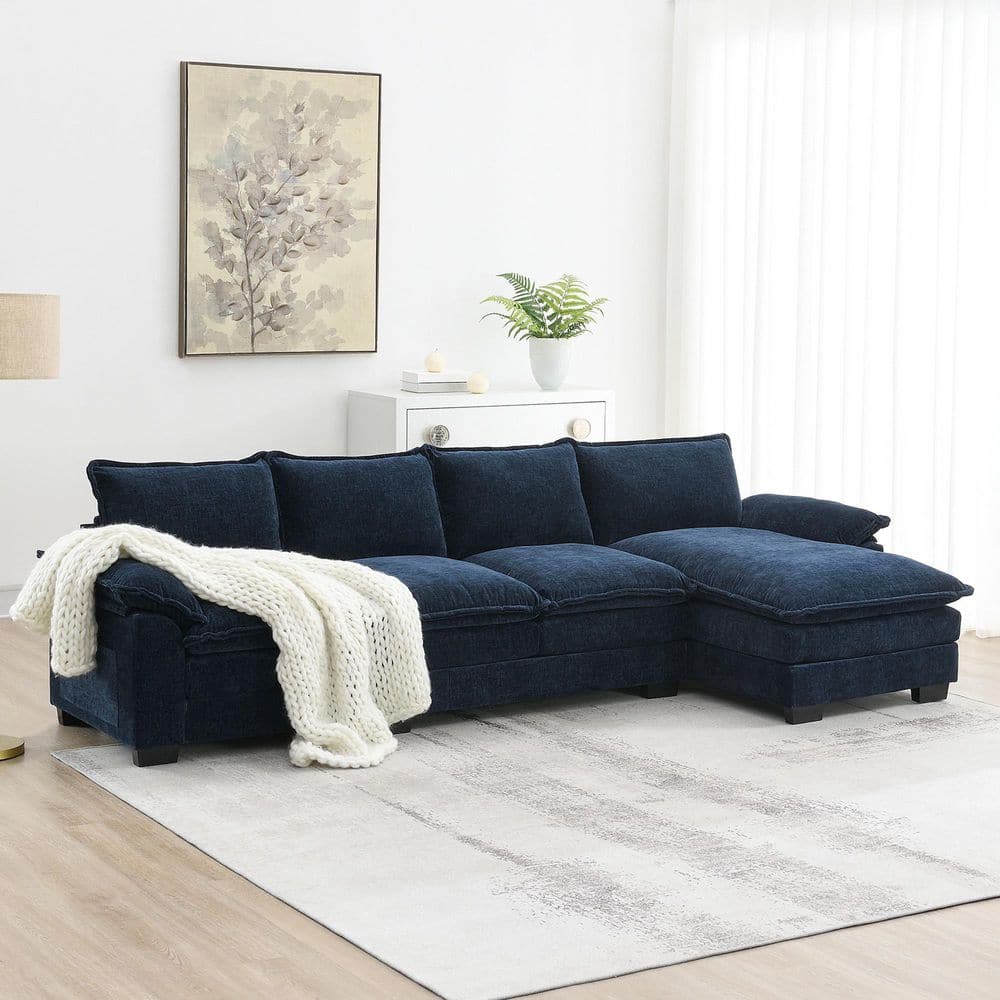 118 in. Square Arm 4-piece L Shaped Chenille Modern Sectional Sofa in. Navy