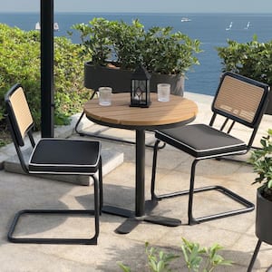 Outdoor Upholstered Ratten Dining Side Chairs with Cane Backrest, Chromed Metal Frame and Black Cushion (Set of 2)
