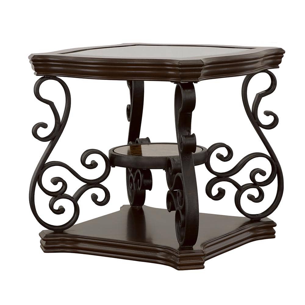 Elegance Merlot 26" Square Wood and Metal End Table with Glass Top