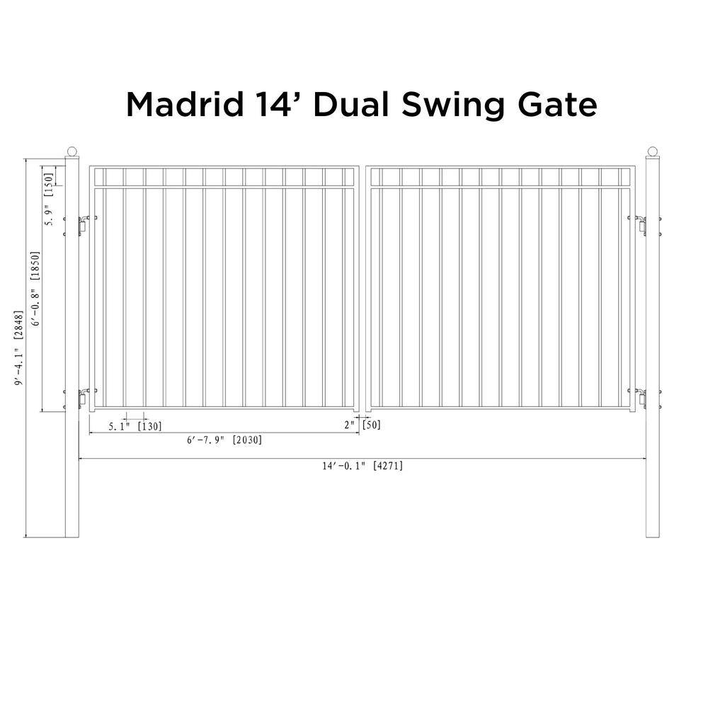 Madrid Style Black Steel Dual Swing Driveway Gate 14 x 6 feet
