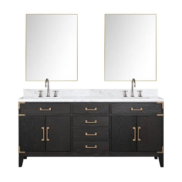 Fossa 72 in W x 22 in D Black Oak Double Bath Vanity, Carrara Marble Top, Faucet Set, and 34 in Mirrors