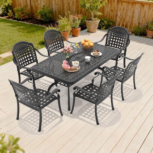 aluminum patio dining table with umbrella hole NUU GARDEN 60" Outdoor 2.09" Hole, All Weather Cast Outdoor Table, 6-8 Person Rectangle Dining Table, Backyard Bistro Table for Garden, Poolside, Black : Patio 12 peopleperfect for BBQs PHI VILLA Cast Aluminum Patio