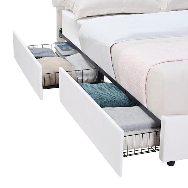 VECELO Upholstered Bed Frame White Full Metal Frame With 4