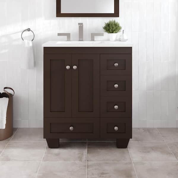 Acclaim 28 in. Single Sink Teak Bath Vanity with White Carrara Quartz Top (Assembled)