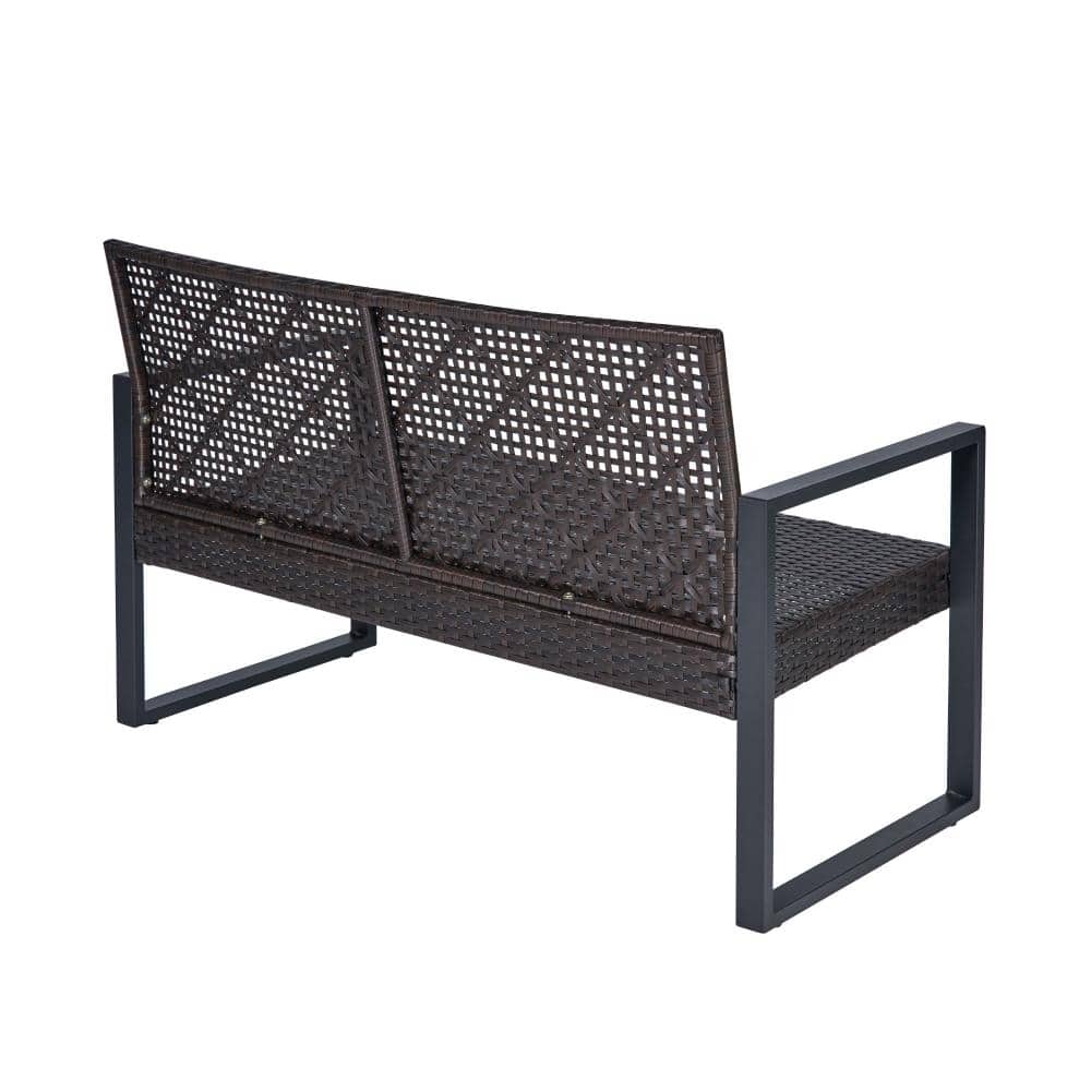 Side view of a dark brown wicker loveseat with a black metal frame.