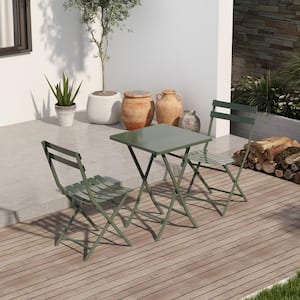 3-Piece Metal Patio Bistro Set of Foldable Square Table and Chairs, Dark Green