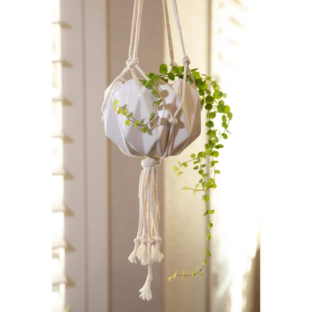 Matte White Ceramic Macrame 5'' Hanging Planter for Indoor & Outdoor