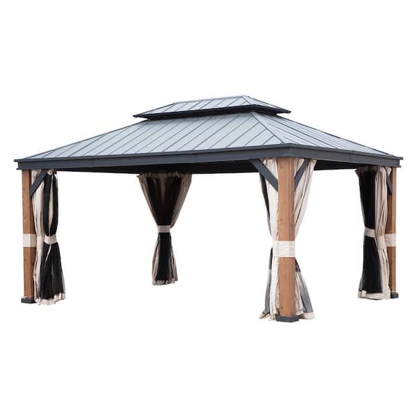 12 ft. x 16 ft. Double Galvanized Steel Roof Aluminum Wood-Looking Frame Outdoor Patio Hardtop Gazebo with Curtains