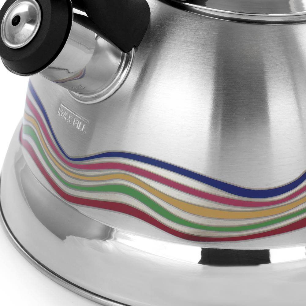 Cagliari 1.75 Quart Stainless Steel Whistling Tea Kettle with Color Changing Stripes