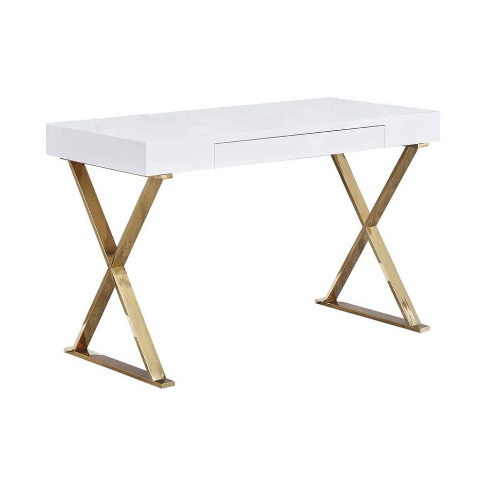 White Poplar Wood Writing Desk with Drawer and Gold Legs