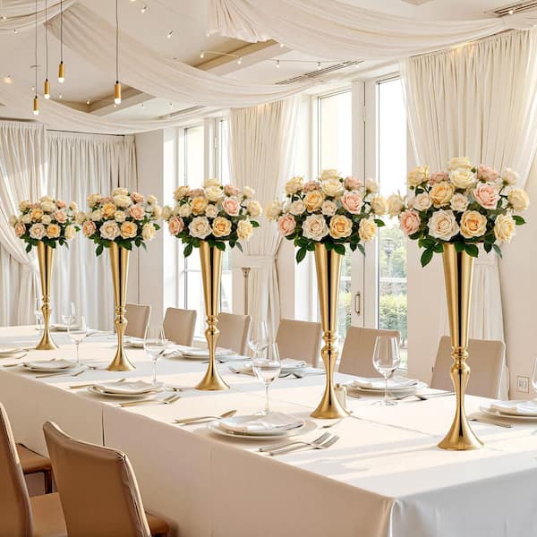 Wedding Flower Vase 21.7 in. Tall Trumpet-Shaped Centerpieces Steel Easy-to-Assemble Electroplated Stands Gold, 12 Piece