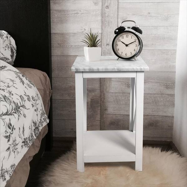 AndMakers Agatha 24 in. Carrara White Rectangular Italian Marble End Table with White Legs