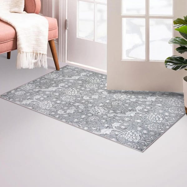 Kalini Grey 3 ft. x 5 ft. Washable Accent Floral Area Rug