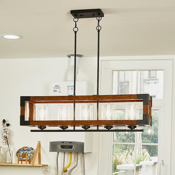 5-Light Lantern Barnwood and Matte Black Finished Rectangle Chandelier