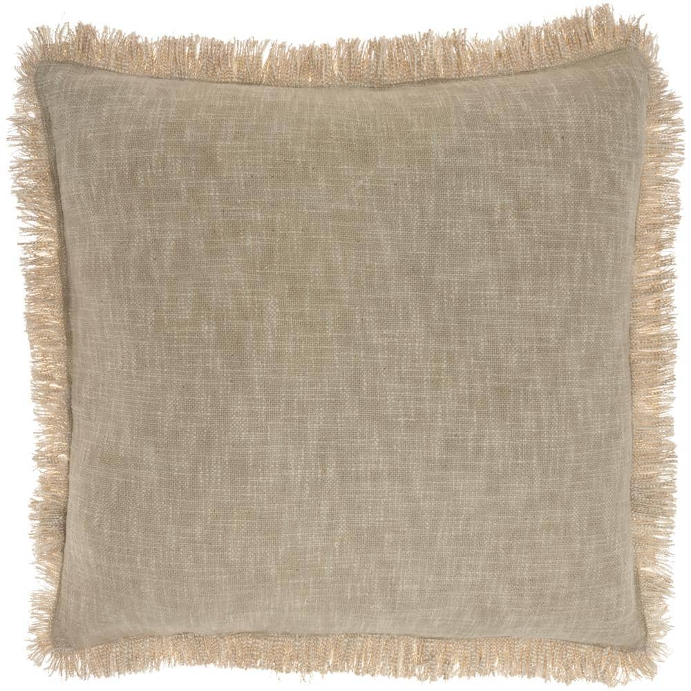 Taupe Stonewash Cotton Throw Pillow with Fringe Edges, 22" x 22"