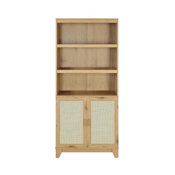 Manhattan Comfort Sheridan 70.86 in. Tall Nature Modern Medium Density Fiberboard (MDF) 7-Shelf Cane Accent Bookcase