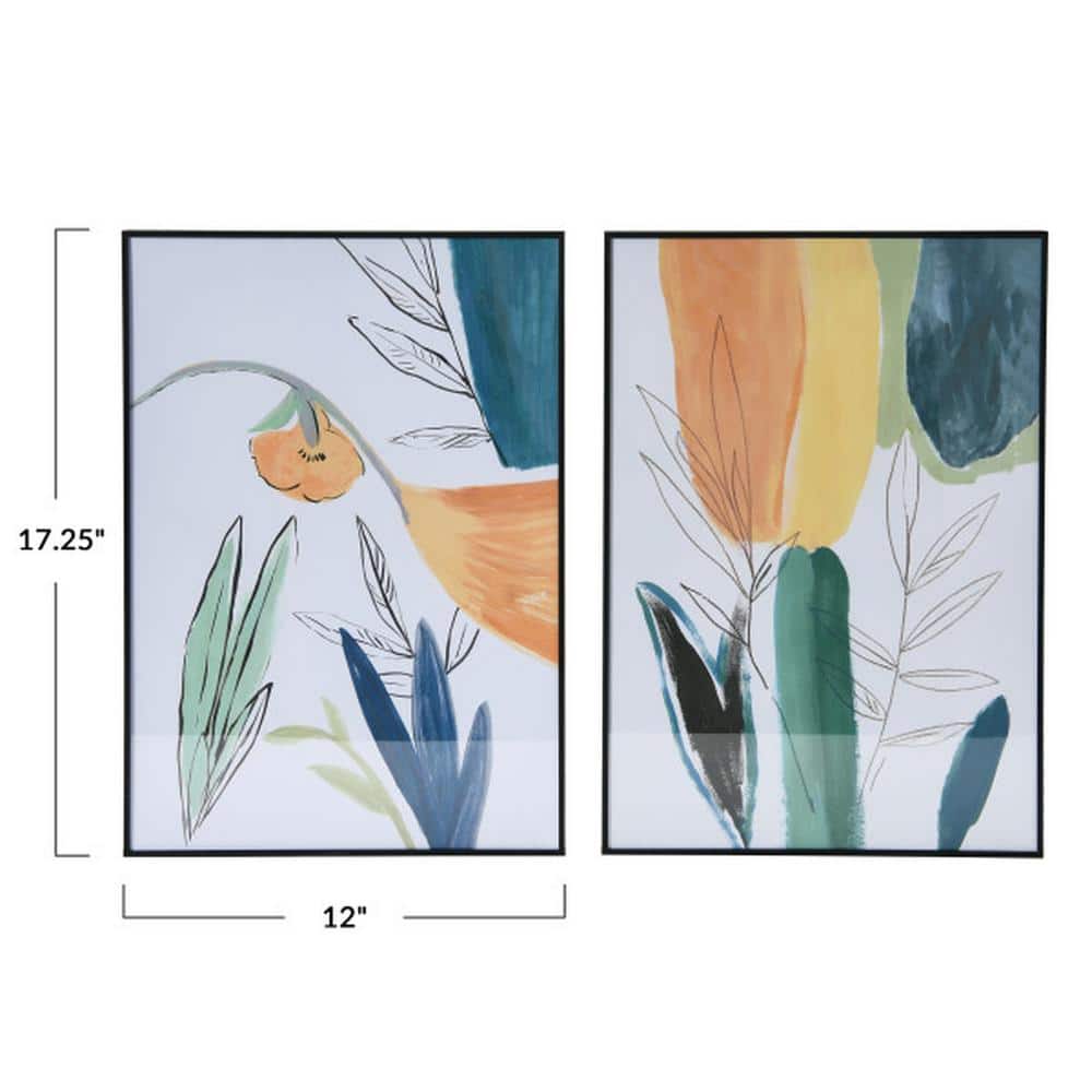 Abstract Floral Watercolor Print in Black Metal Frame, Set of 2