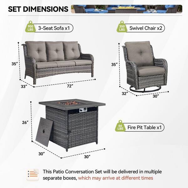 Arcline 4-Piece Gray Wicker Fire Pit Conversation Set with Olefin Gray Cushions and 2 Swivel Glider Chairs and Sofa