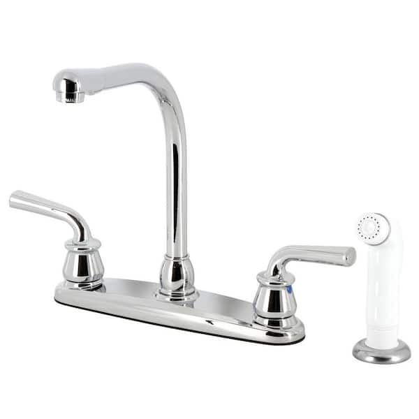 Kingston Brass Restoration 2-Handle Deck Mount Centerset Kitchen Faucets with White Sprayer in Polished Chrome
