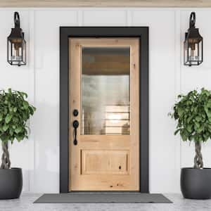 36 in. x 80 in. Farmhouse Knotty Alder Right-Hand/Inswing 3/4 Lite Clear Glass Clear Stain Wood Prehung Front Door