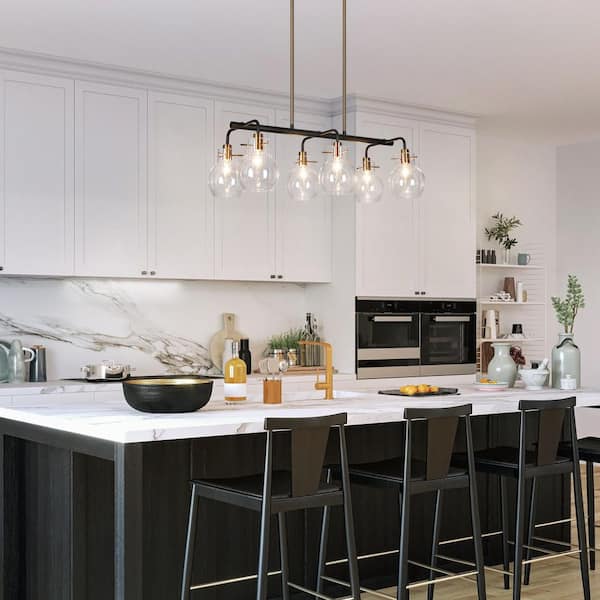 Zevni 28 in. 6-Light Modern Black Island Chandelier, Globe Clear