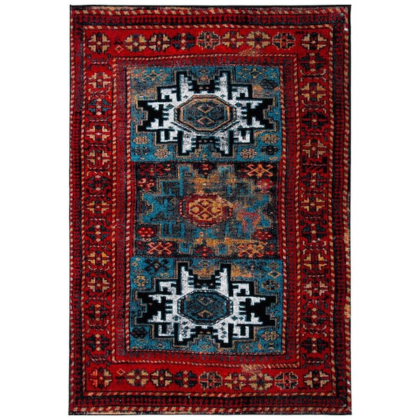 Vintage Hamadan Red/Light Blue 9 ft. x 12 ft. Medallion Border Area Rug