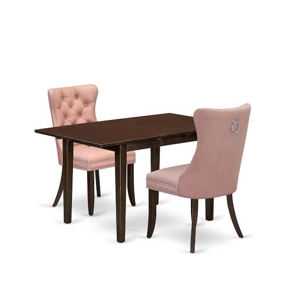 East West Furniture 3-Piece Mahogany Finish Rectangular Solid Wood Top with Butterfly Leaf Dining Table Set