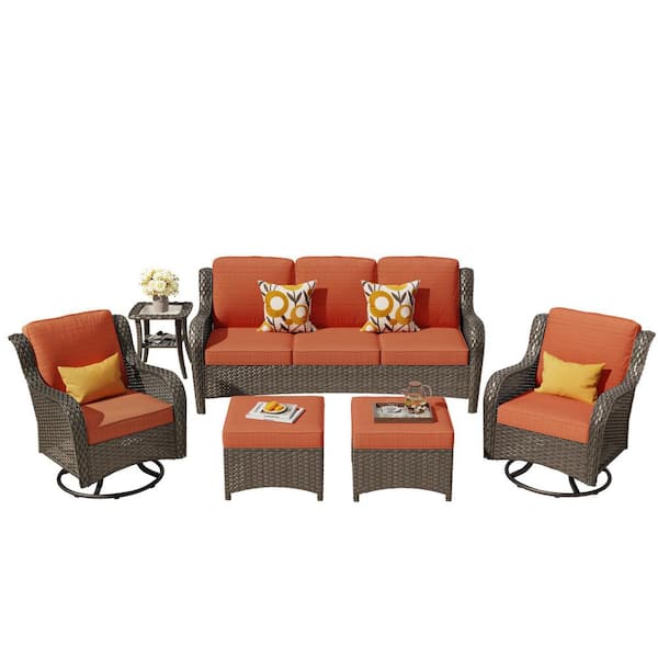 Lotus Brown 6-Pieces Wicker Patio Conversation Seating Sofa Set with Orange Red Cushions and Swivel Rocking Chairs