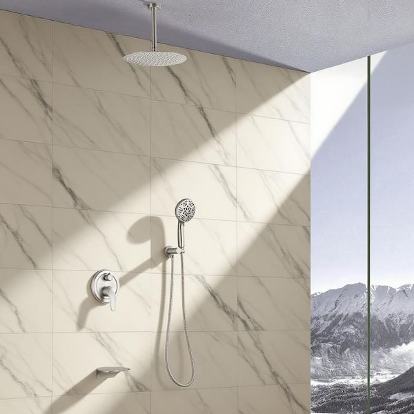 Single Handle 7-Spray 3-Way Tub and Shower Faucet 1.8 GPM Ceiling Mount Shower Head in Brushed Nickel Valve Included