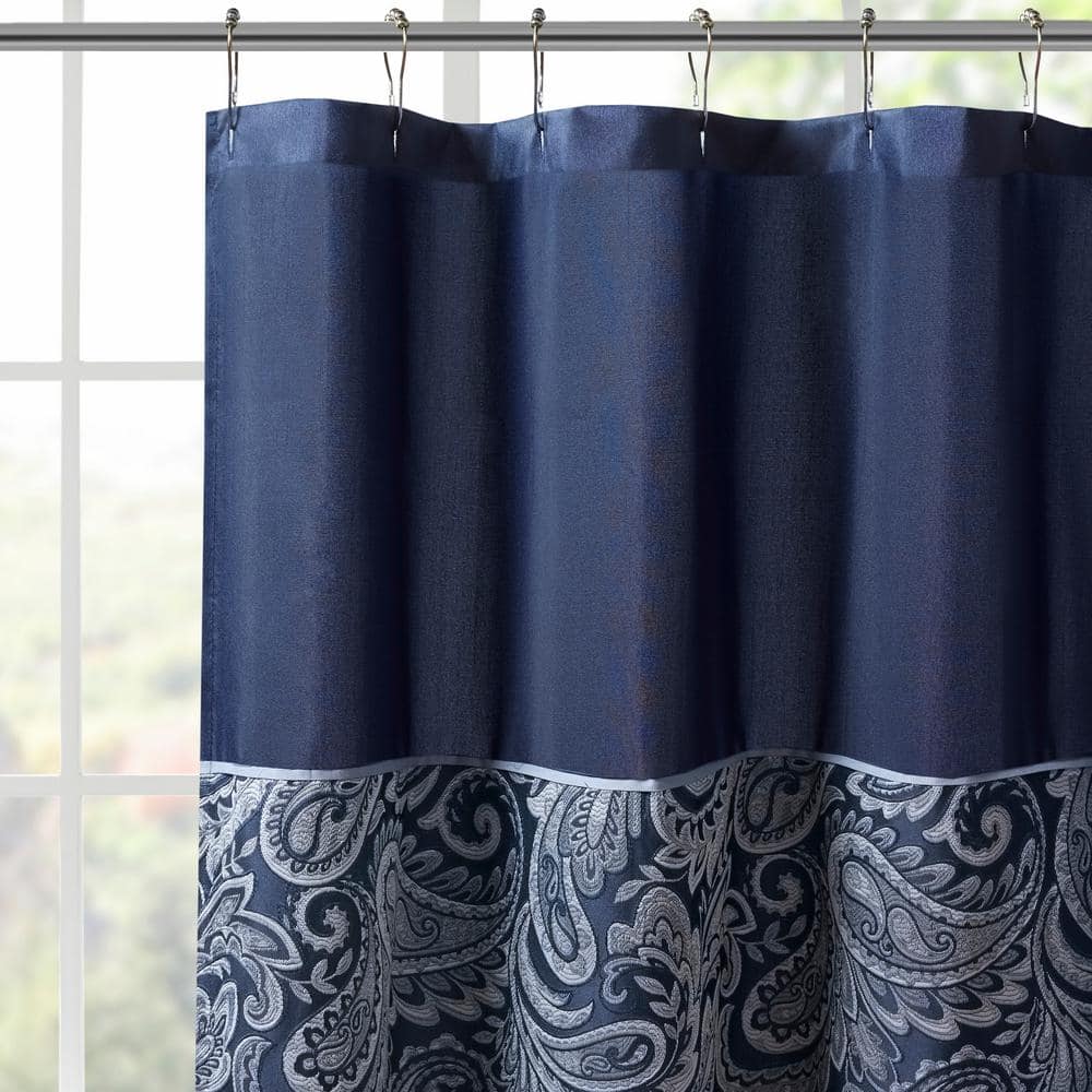 Navy Paisley Jacquard Shower Curtain with Color Block Panel
