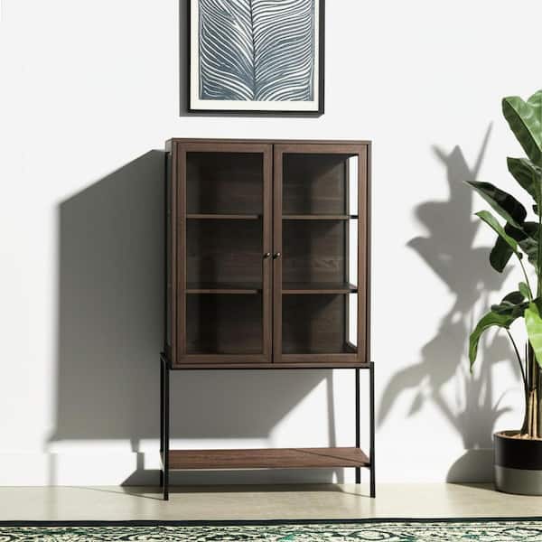 36 in. Brown and Black Solid Wood and Metal Display Cabinet With 2 Doors