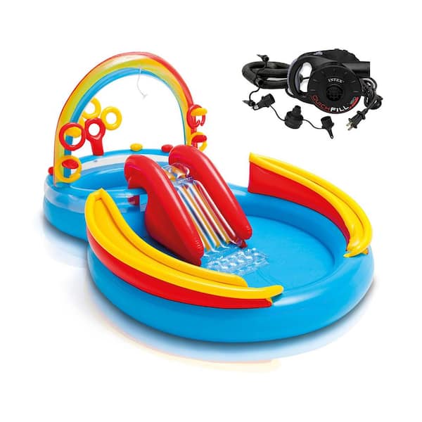 INTEX 76 in. x 53 in. Deep Inflatable Pool Water Play Rainbow Ring Center Slide with Electric Air Pump