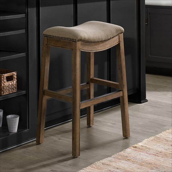 Alaterre Furniture Williston 19 in. Rectangle Natural Wood Backless Bar Height Stool with Cushioned Seat